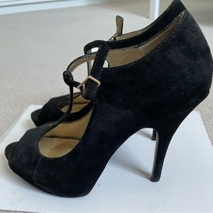 T-strap black velvet heels